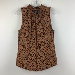 GAP Sleeveless Ruffle Neck Leopard Print Top in Brown/Black Multi